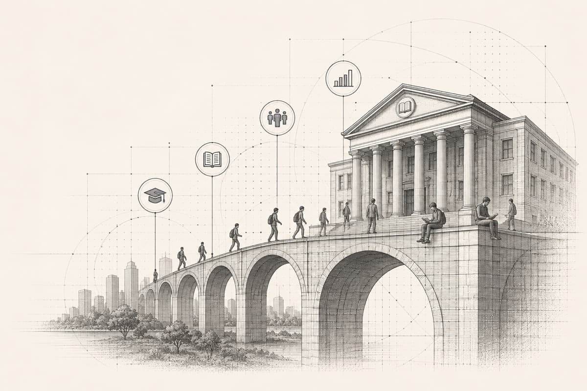 Ilustración de un puente con íconos de educación ascendiendo hacia un edificio institucional, representando la educación como infraestructura