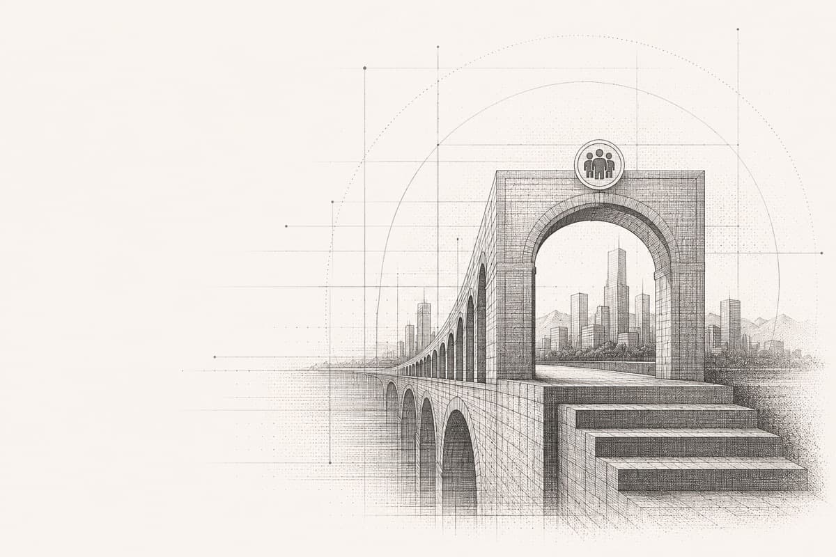 Ilustración de un puente con un ícono de personas que conduce hacia una ciudad, representando infraestructura para la movilidad social