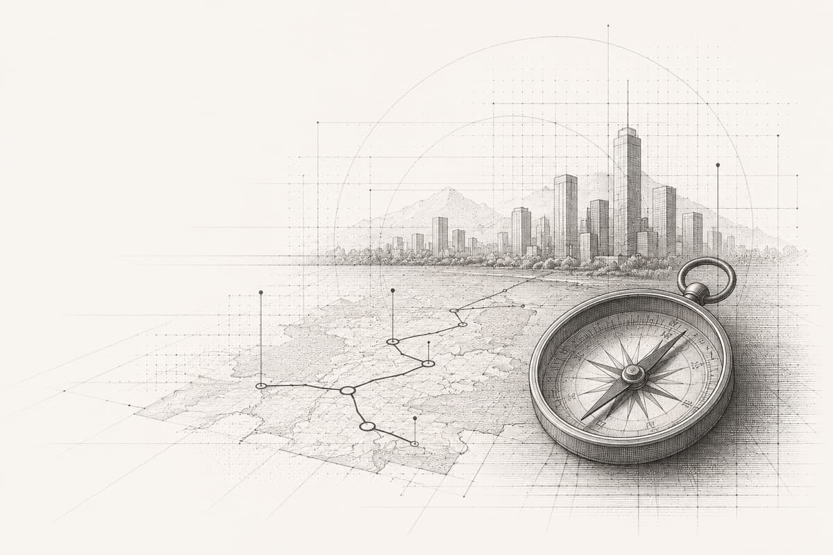 Ilustración de una brújula sobre un mapa con una ruta trazada hacia una ciudad, representando propósito y dirección